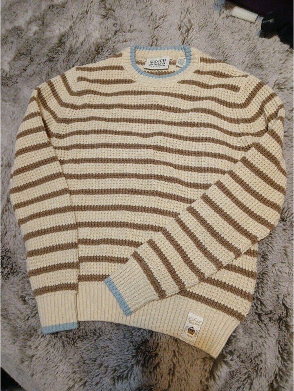 Scotch & Soda Super Knit Sweater Cream Brown Striped Boys  Size Med  Blue Accent